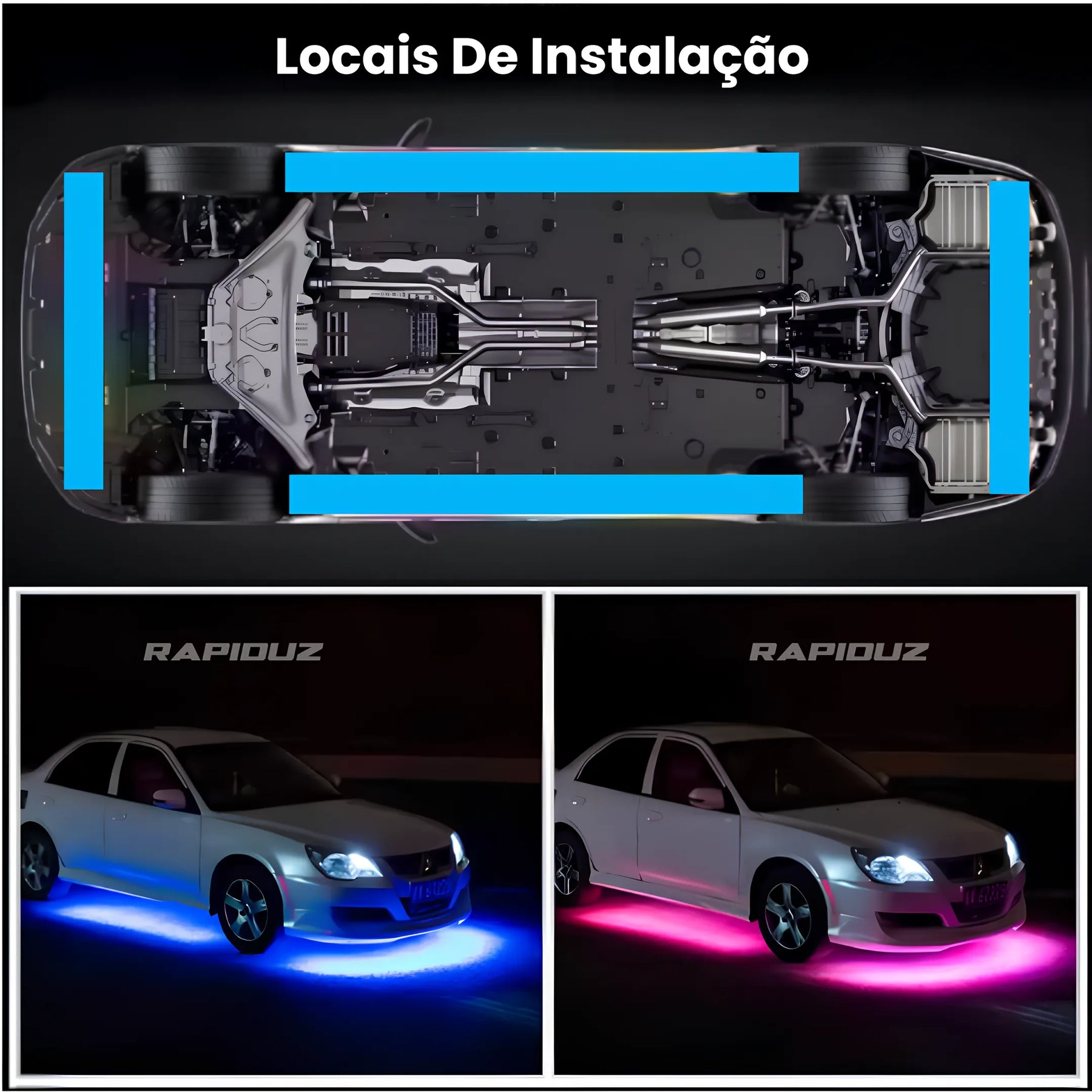 Locais correto para instalar luz de LED neon embaixo do carro na parte inferior da lataria