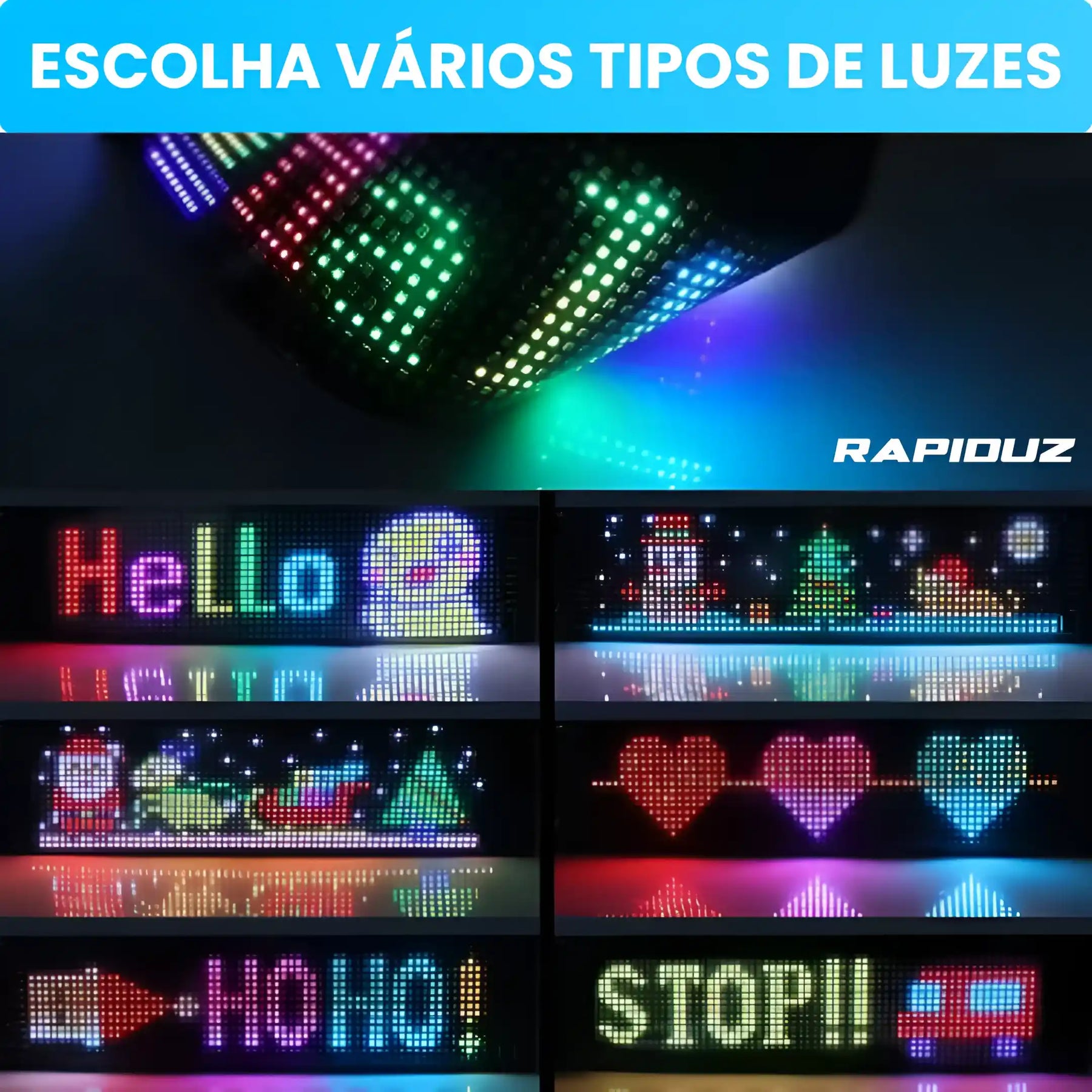 Imagem mostra variedade de desenhos disponíveis para exibir no LED do carro