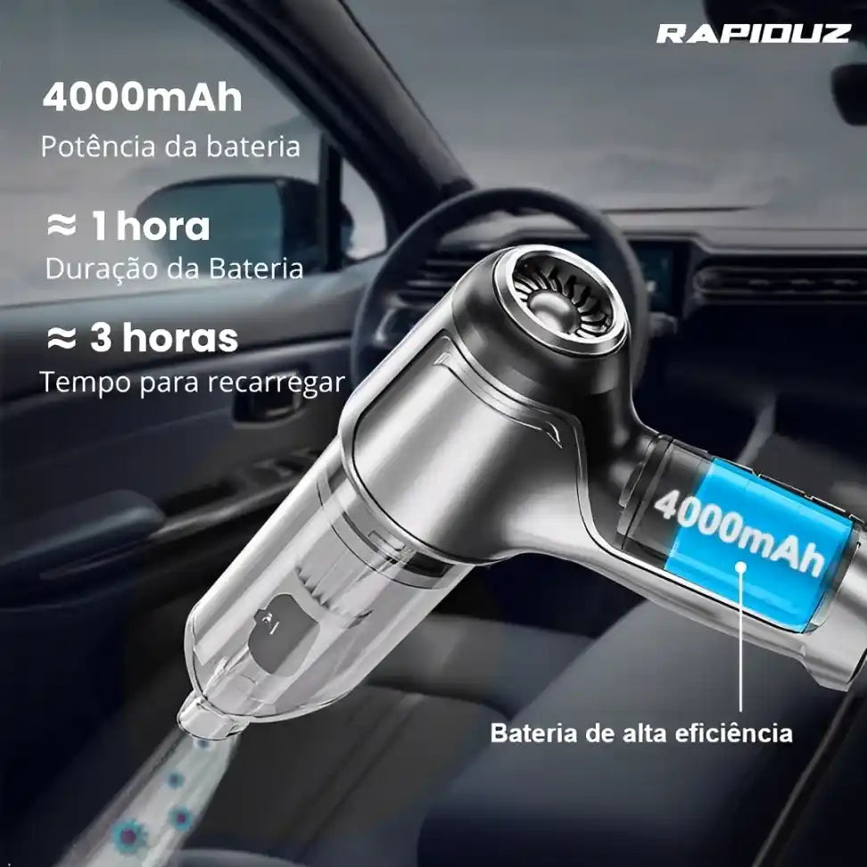 aspirador de po para carro, imagem mostra a duração da bateria do aspirador para carro