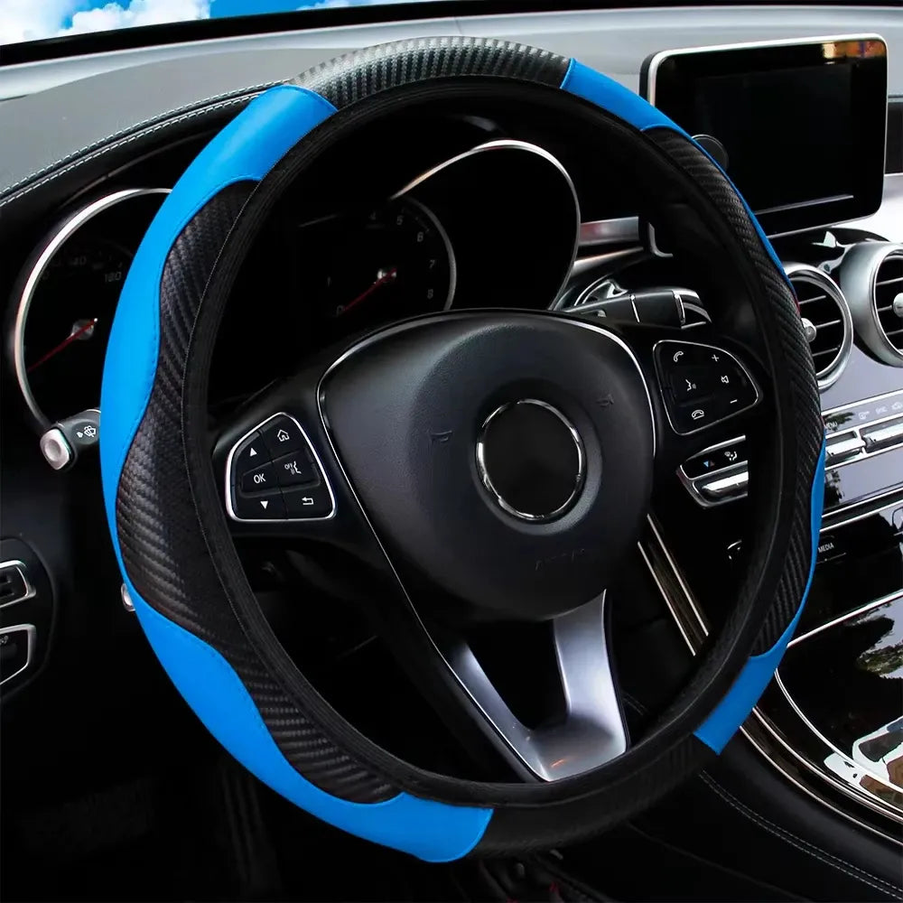 Capa de volante azul universal e respirável, toque macio e ventilado ao dirigir.