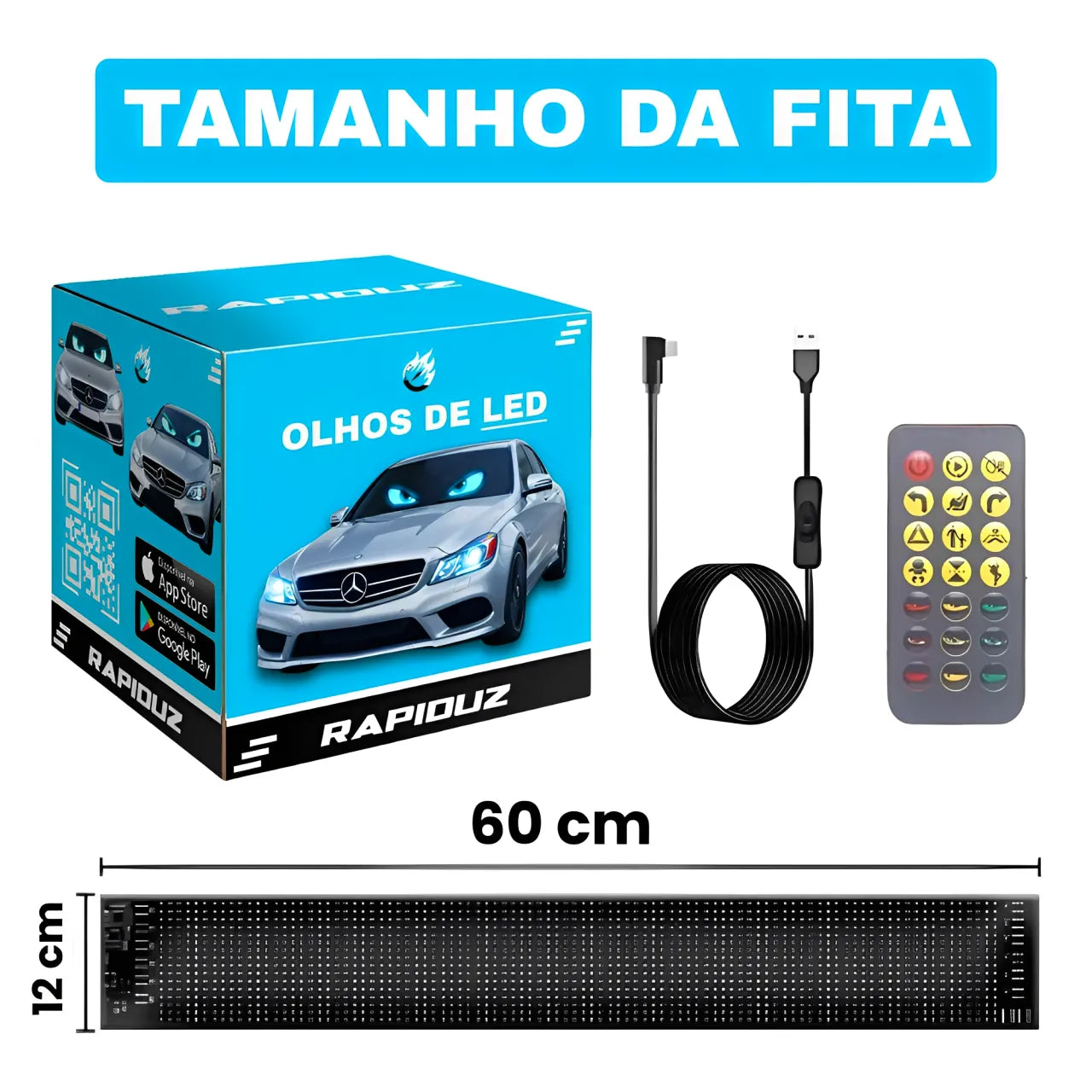 olho de led para carro, imagem mostra o tamanho do olho de led para carro