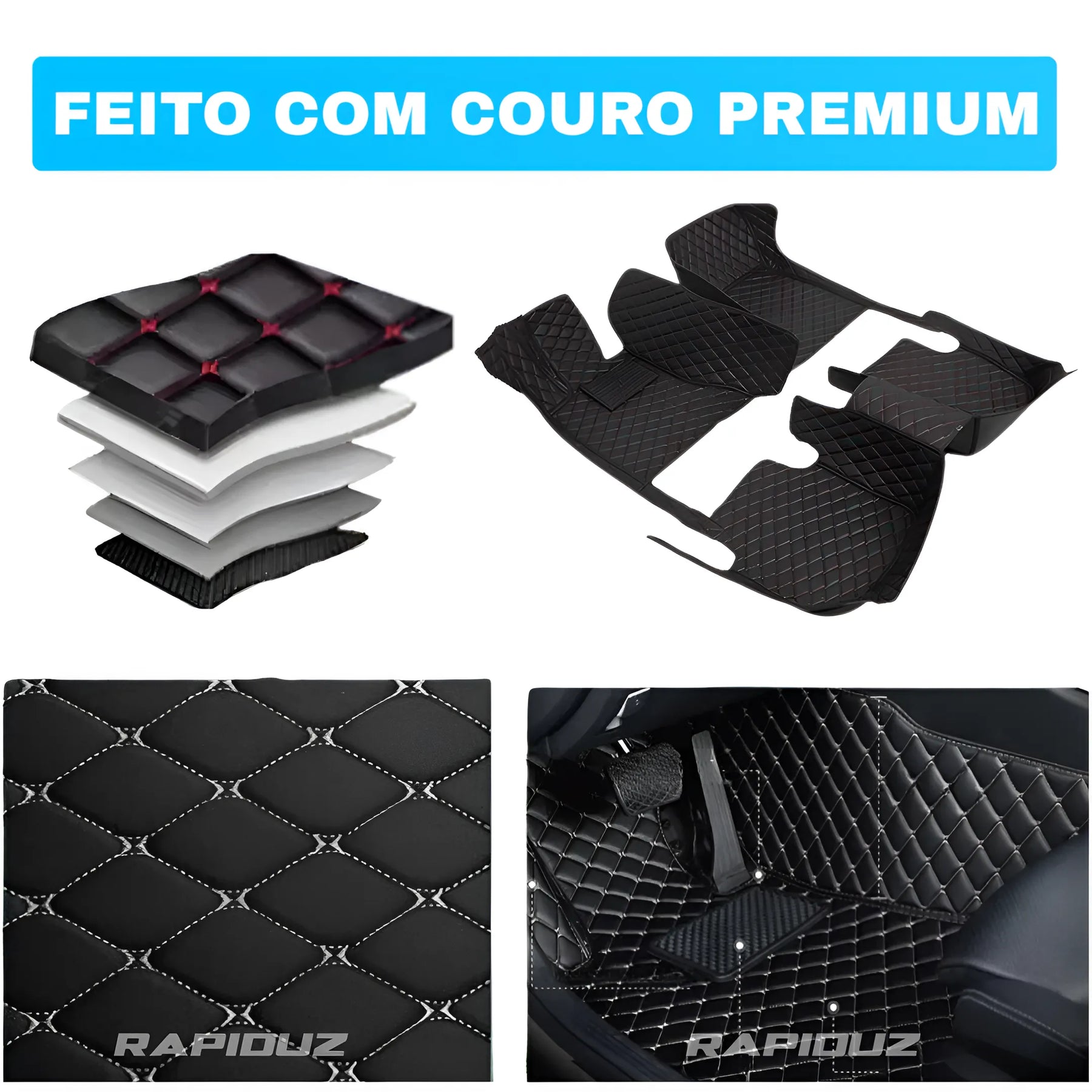 Tapete automotivo feito com couro premium de alta qualidade e acabamento fino
