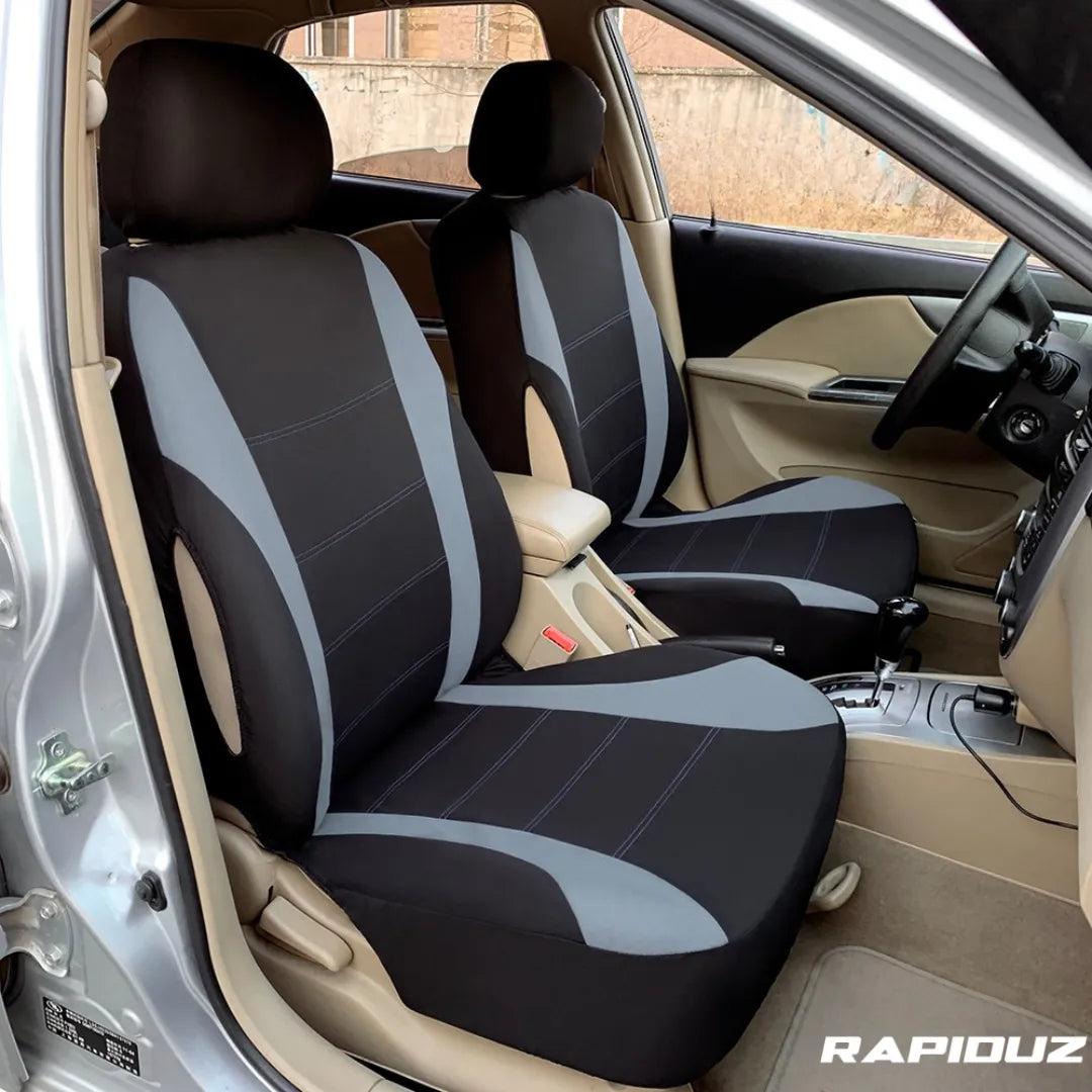 imagem mostra Capa de banco de carro universal na cor cinza, dentro do carro