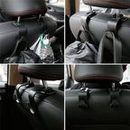 Gancho para banco de carro segurando mochila e água visto de vários ângulos