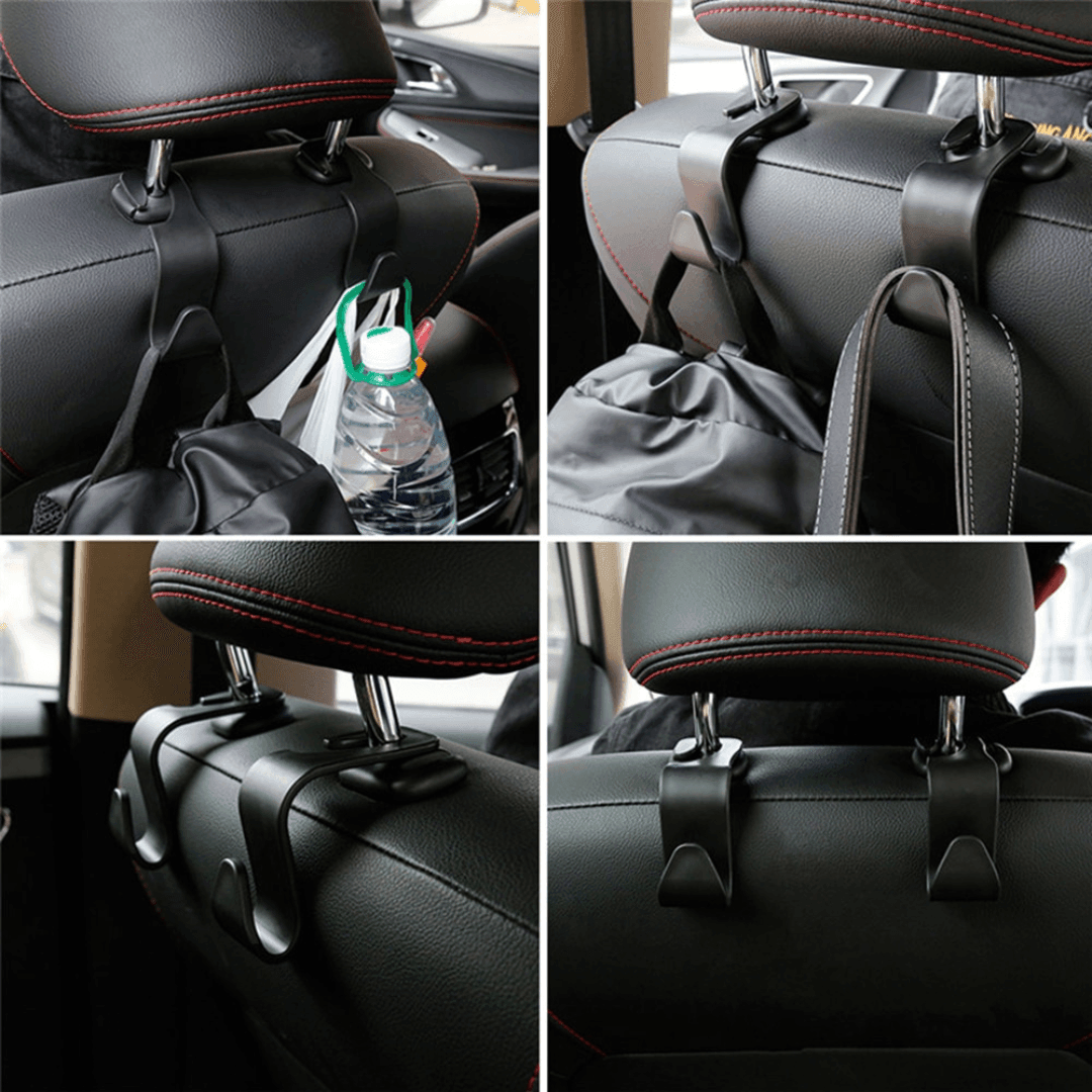 Gancho para banco de carro segurando mochila e água visto de vários ângulos
