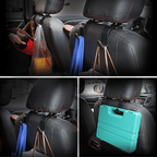 Acessório gancho para carro suportando sacolas e bolsas com visual em múltiplos ângulos