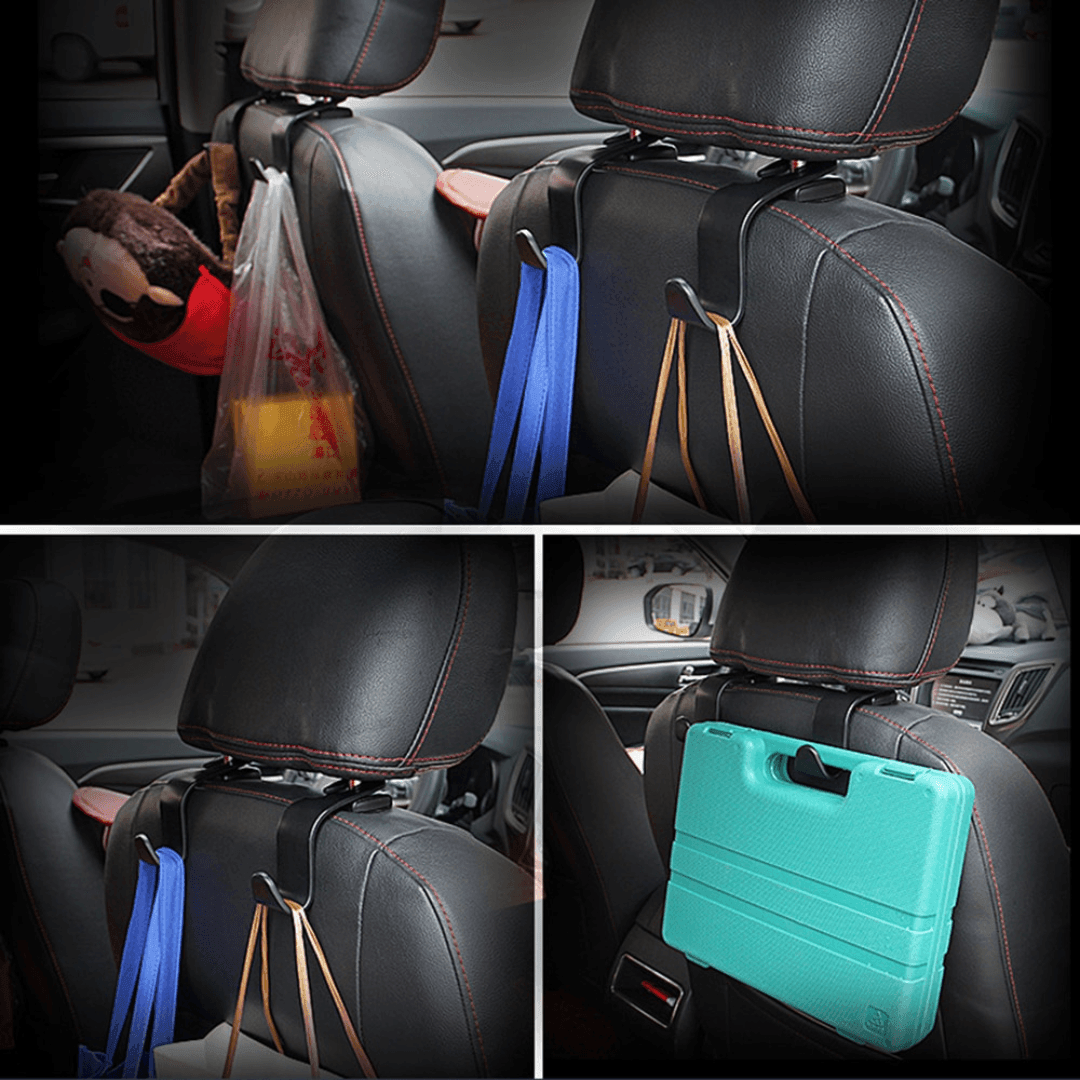 Acessório gancho para carro suportando sacolas e bolsas com visual em múltiplos ângulos