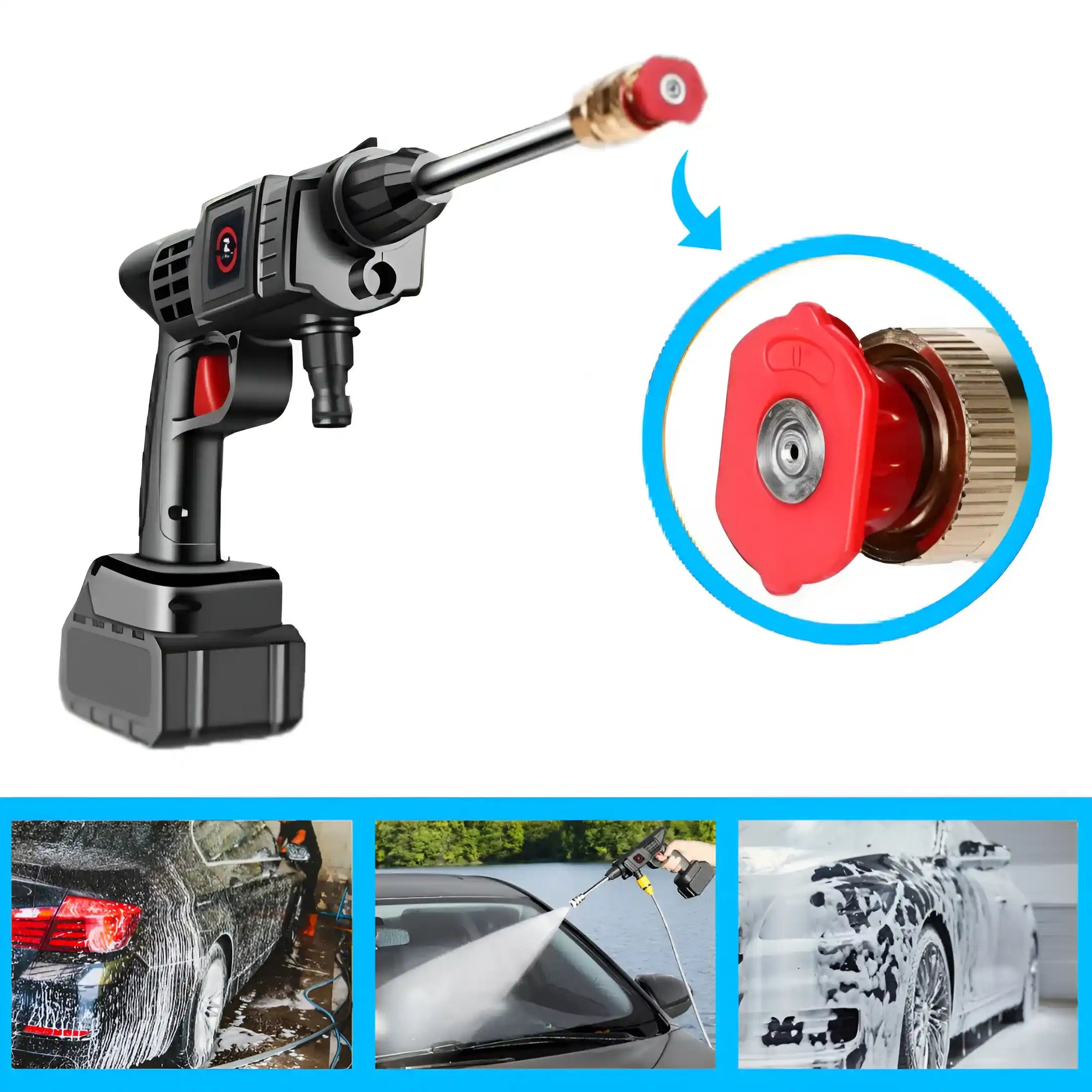 Pistola de água com bico potente ideal para lavar carro com pressão forte.