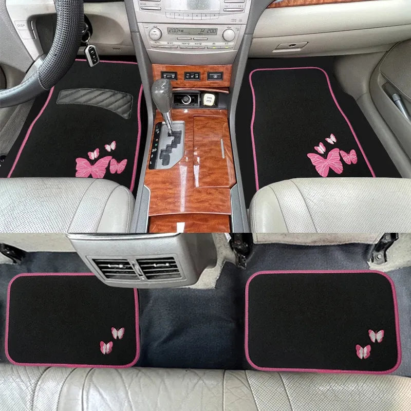 4 tapetes automotivos de borboleta rosa, instalados na frente e atrás do carro