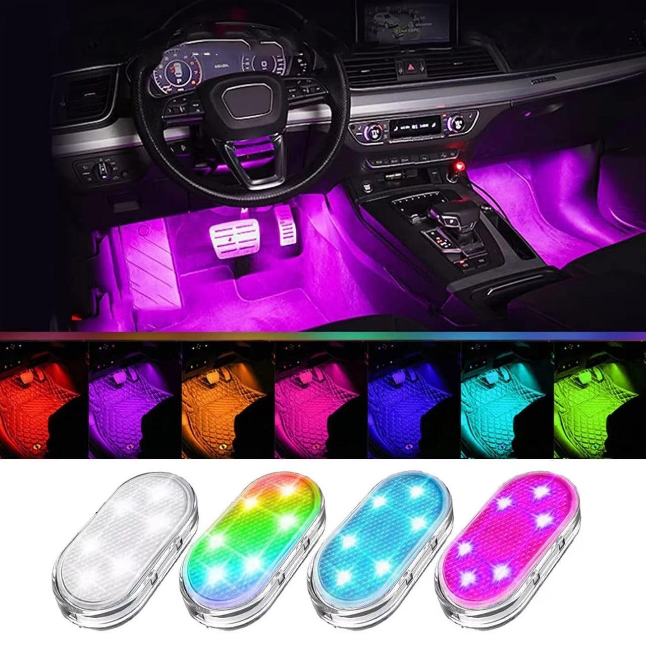 Luz de LED magnética ativa no carro, destacando o interior com iluminação da cor roxa